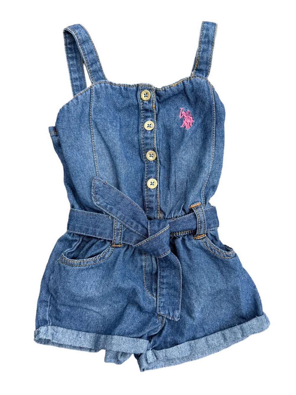 U.S. Polo Assn. Denim Romper in Blue with Pink Pony Girl Jean 2t Dress Basic GUC